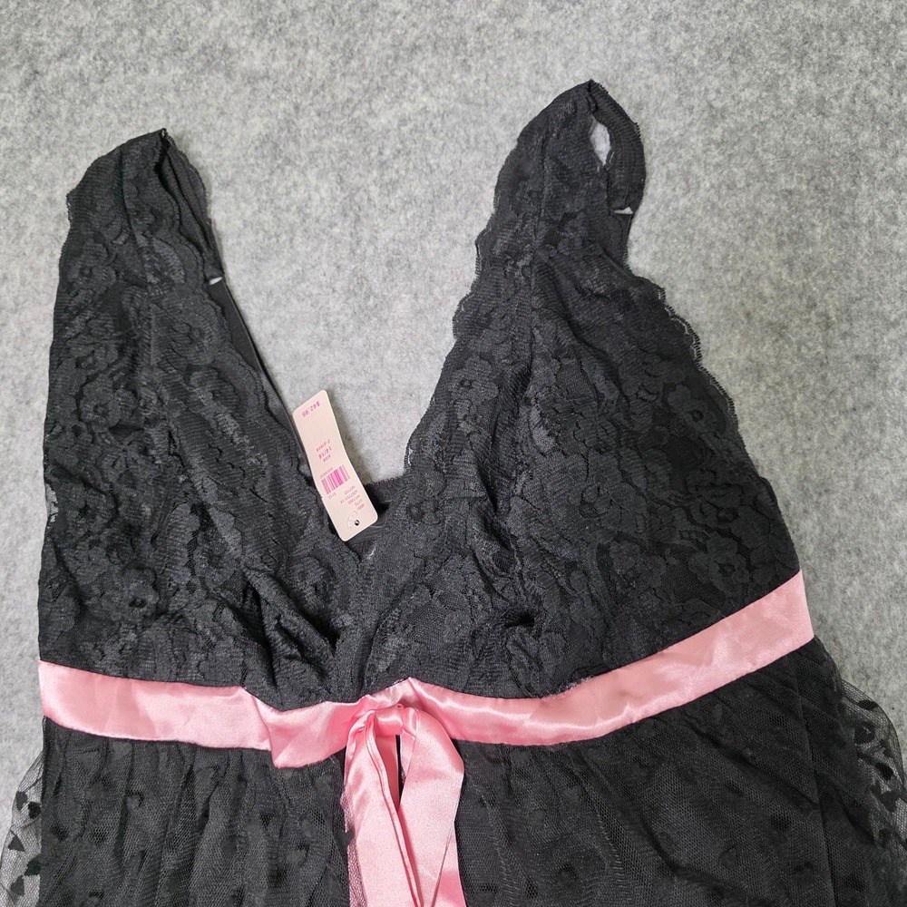 Cacique Babydoll Lingerie Black Pink Heart Ruffle Tiered Lace 2 PC Set 14/16 NEW - Picture 4 of 8